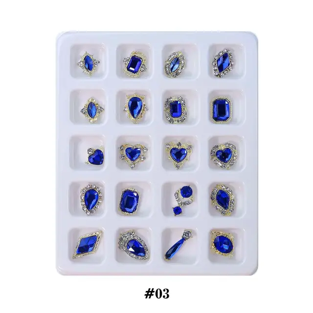Kit de Acessórios para Unhas com 20 Pedras Preciosas em Estilos Diversos - Brilho Luxuoso em 3D com Strass Azul e Pedras de Vidro para Manicure Deslumbrante