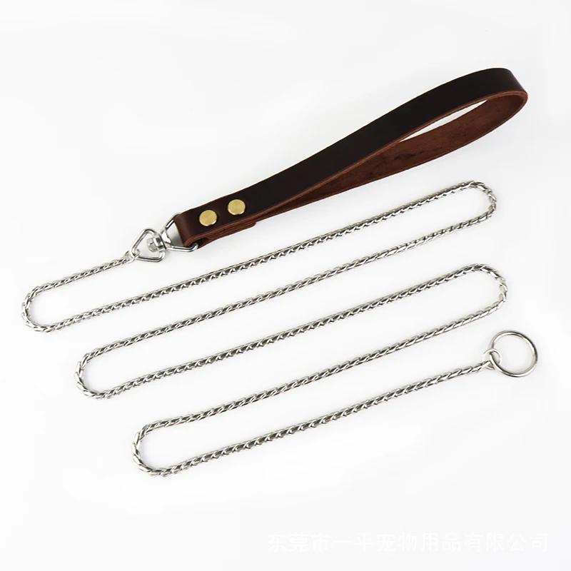 Deluxe Coleira para Cachorro e Conjunto de Cordão Corrente P de Metal para Cães de Estimação Pequenos Médios Grandes Arnês Treinamento Corrigindo Irritabilidade Prata Ouro Cintos de Aço Inoxidável Cabo de Couro Durável - Image 1