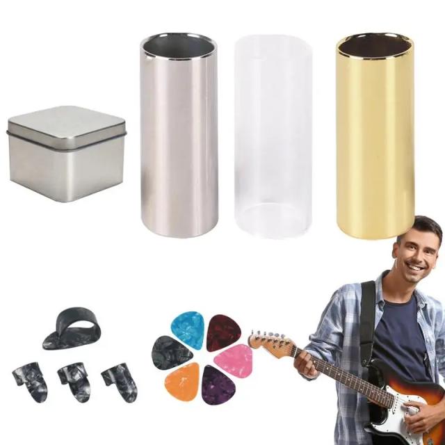 Slider de Guitarra de 60mm com 4 Palhetas, 2 Slides em Aço Inoxidável e 1 Corrediça de Vidro Acrílico para Acústicas e Elétricas