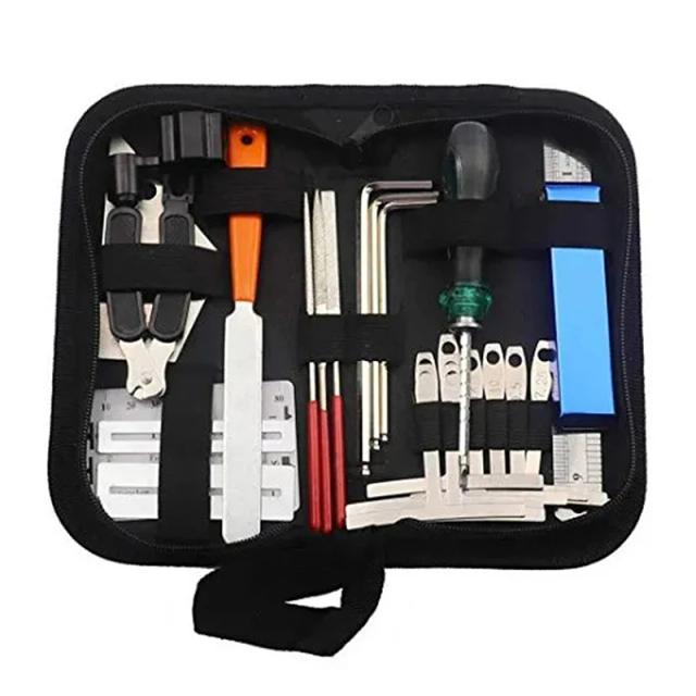 Kit de Ferramentas para Guitarra com Bolsa, 25 Peças para Manutenção e Reparação de Instrumentos, Inclui Régua de Ação, Arquivo de Luthier, Pinos de Ponte e Cordas para Ukulele