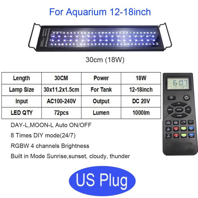 Lâmpada LED para Aquário com Suportes Extensíveis RGBW, Timer Dimmer 0-100% e Controle Remoto 24/7