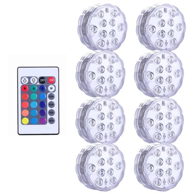 Luz Submersível RGB com Controle Remoto - Lâmpada de Noite Subaquática para Decoração de Festas ao Ar Livre e Piscinas, 10 LEDs, IP68