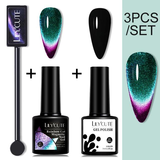 Conjunto de Gel Polonês para Unhas Lilycute 7ml - Gato Reflexivo com Ímã e Efeito Fluorescente Preto Brilhante de 9D