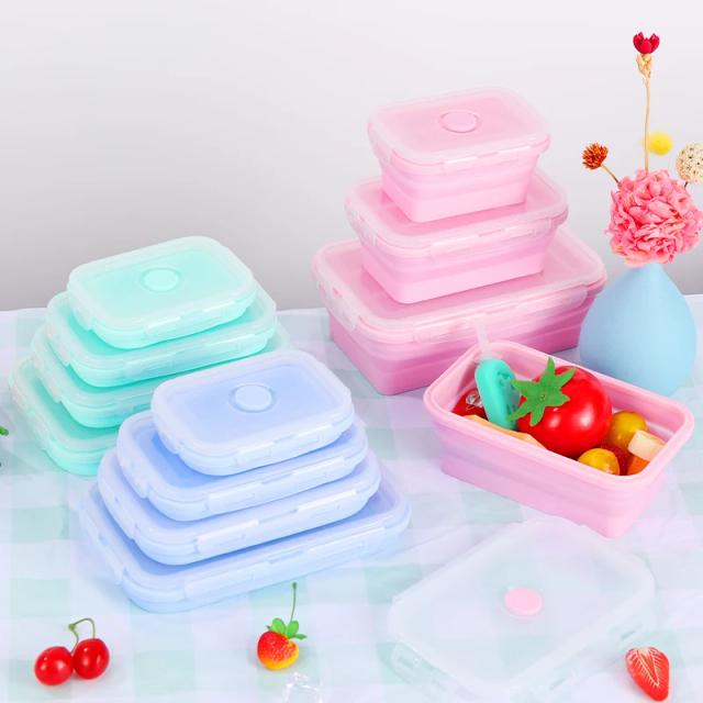 Conjunto de 4 Recipientes de Armazenamento de Alimentos de Silicone Dobrável com Tampas - Caixa de Almoço Bento BPA Livre para Cozinha e Despensa