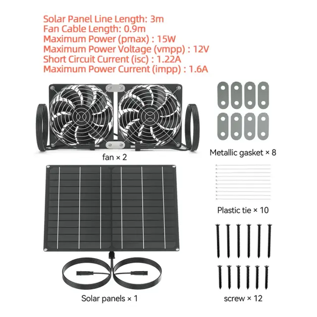Kit de Ventilação Solar Impermeável de 15W 12V IP65 para Estufas e Casas Coop - Regule a Temperatura com Eficácia