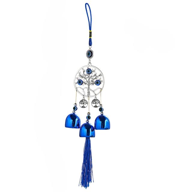 Wind Chime de Vidro Pendurado com Olhos Azuis e Sinos de Metal - Decoração Étnica Artesanal com Olho do Diabo e Árvore da Vida para Casa e Exterior