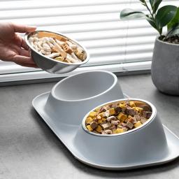 Tigela de gato dupla de aço inoxidável Recipiente de comida para cães Base antiderrapante Alimentador de água para animais de estimação Guarda de segurança de inclinação - Image 2