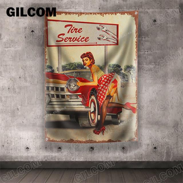 Bandeira Vintage com Ilustração de Motocicleta e Carro para Decoração de Garagem e Clube