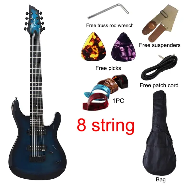 Guitarra Elétrica de 8 Cordas 39" com Corpo de Okoume e Tampo Sólido em Árvore Burl - Nova Chegada