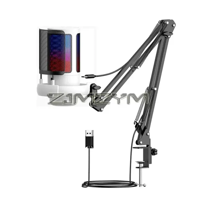 Microfone Condensador USB Profissional com Suporte Metal Boom e Iluminação RGB para Gravação em Estúdio, Jogos e Chamadas de Desktop
