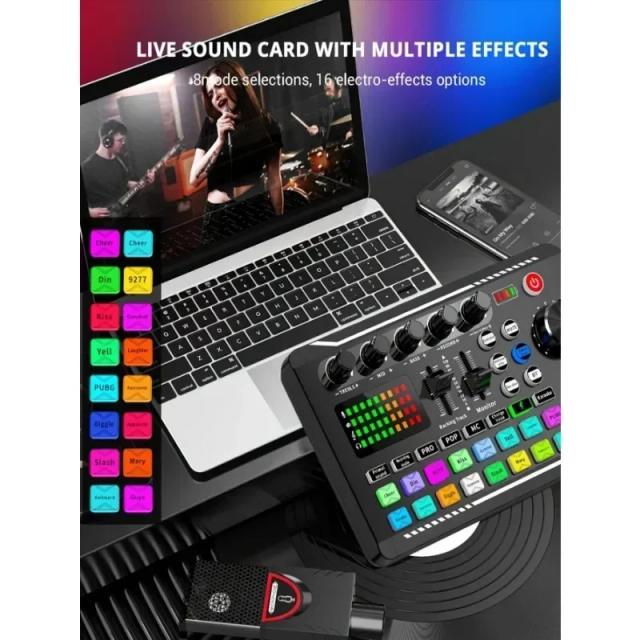 Placa de Som F998 com Interface de Áudio ao Vivo, Efeitos de DJ e Voice Changer - Mixer de Áudio Bluetooth para Streaming no YouTube