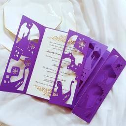 Cartões personalizados do casamento da princesa, envelope DIY da fita do ouro, Quinceanera convida, Rapunzel roxo, 50X - Image 5