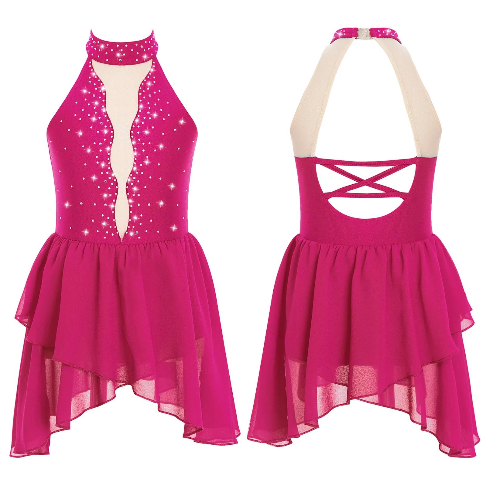 Crianças meninas strass ballet vestido lírico artístico patinação artística ritmo ginástica dança traje pura malha irregular bainha vestido - Image 1