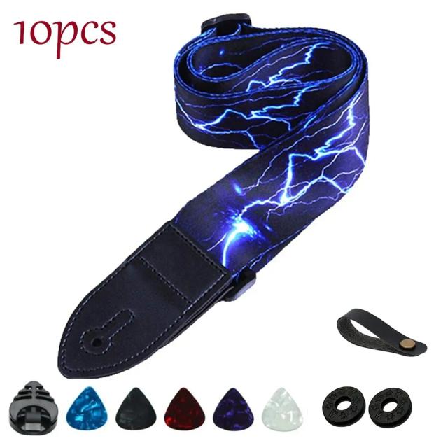 Correia de guitarra confortável com 3 suportes, adaptador para headstock, 1 par de fechaduras e 5 palhetas, kit completo de 10 peças