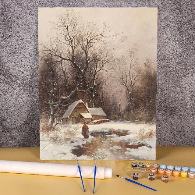 Pintura DIY de Paisagem Invernal com Sol em Tela - Kit Completo de Tintas Acrílicas para Presente Original e Artesanato em Casa