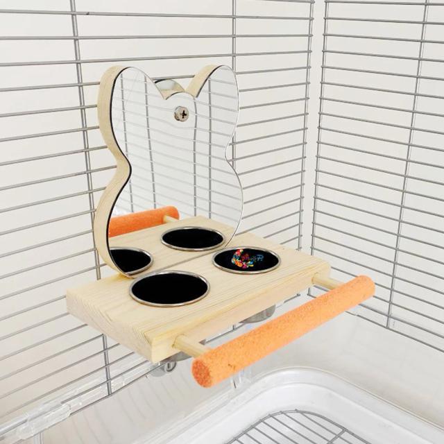 Espelho Interativo para Papagaios com Alimentador, Copos e Tigela - Brinquedo de Madeira Puzzle para Aves
