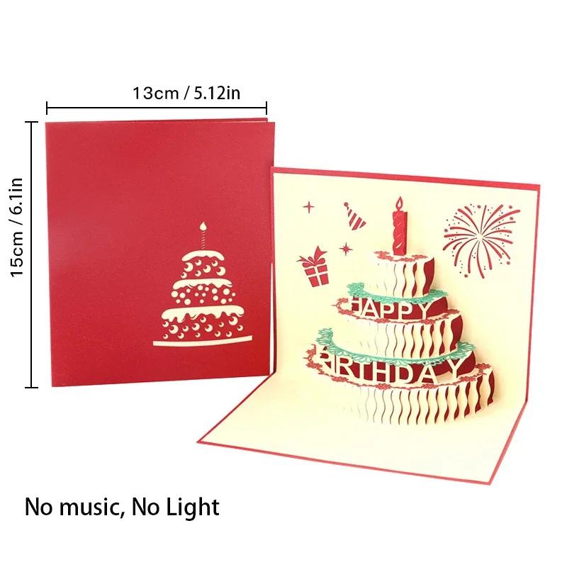 Cartão de aniversário com música leve 3D, bolo pop up, cartão criativo, festa de feliz aniversário, presente, cartões de mensagem - Image 1