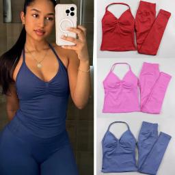 Um conjunto de yoga de leggings de impacto de alta elasticidade das mulheres de fitness de 2 peças, calças justas de impacto de fitness e alça de pescoço yoga exerc - Image 1