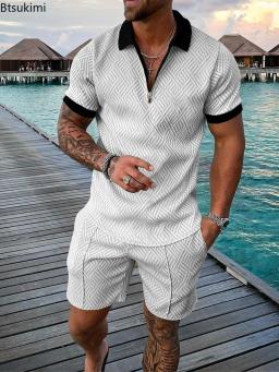 Conjunto de camisa polo e shorts de manga curta masculino, monocromático, decote em v, zíper, moda casual, novo, verão, 2 peças, 2024 - Image 6