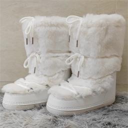 Botas de pele sintética y2k botas de neve femininas luxo fofo peludo mid-claf botas de esqui brancas mulher quente grosso forrado botas de algodão - Image 1