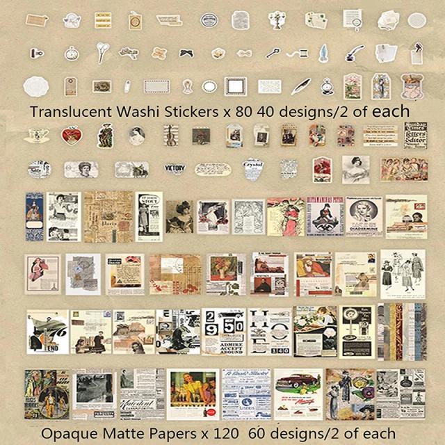 Pacote com 200 Peças de Papel Vintage para Scrapbook: Adesivos Retro e Suprimentos DIY para Artesanato e Diários