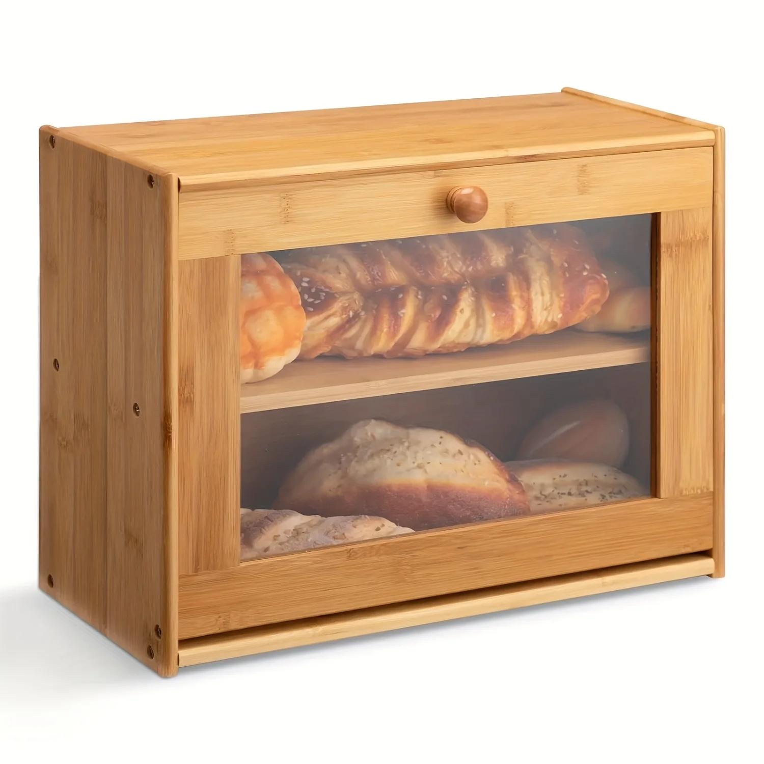 Grande caixa de pão de bambu, design à prova de vazamento, janela transparente, dupla camada, tampa segura, ideal para bancadas de cozinha, ba - Image 1