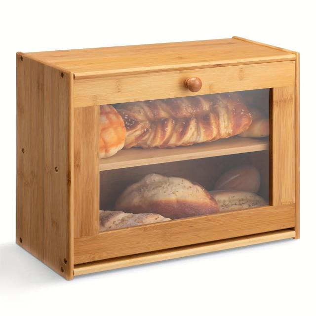 Caixa de Pão de Bambu com Design à Prova de Vazamento e Janela Transparente, Dupla Camada e Tampa Segura para Cozinha