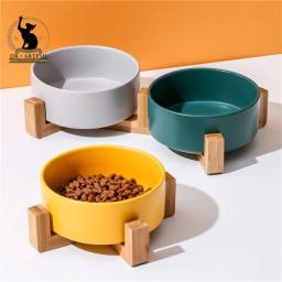 Tigela de cerâmica antiderrapante com suporte de madeira, alimentador de cães, tigela de comida de gato grande e pequena - Image 1