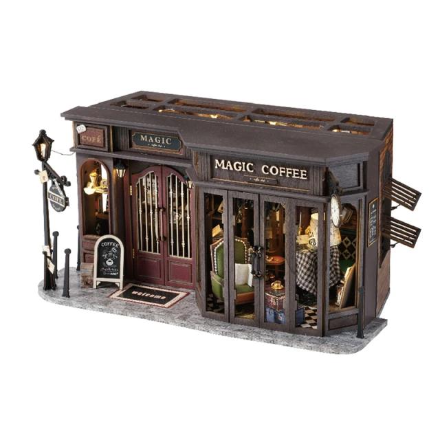 Casinha de Boneca de Madeira com Cafeteria Mágica e Móveis LED - Kit de Construção Miniatura para Meninas