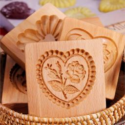 Moldes De Biscoito De Madeira Com Padrões De Coração E Flores, DIY Esculpido, Cortador De Biscoitos Em Relevo, Moldes Para Assar, Bolo Fondant, Biscoito, 1Pc - Image 4