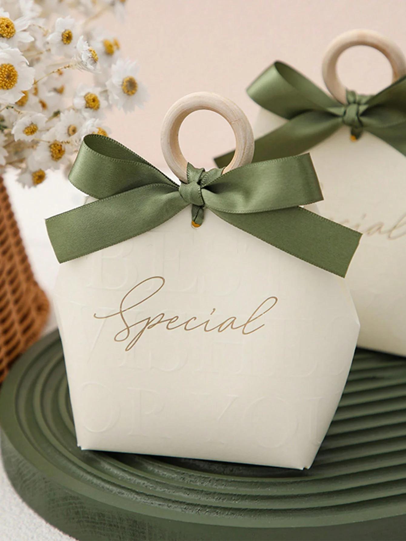 Doces e Caixas de Presente com Fitas e Anel De Madeira, Elegante, Perfeito para Casamentos, Aniversários, Feriados, 5PCs - Image 1