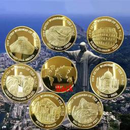 Seven Wonders-Banhado a ouro Challenge Coin, Badge World Architecture, Decoração Gold Coin, Coleção de Moedas Comemorativas, 7 peças por conjunto - Image 2