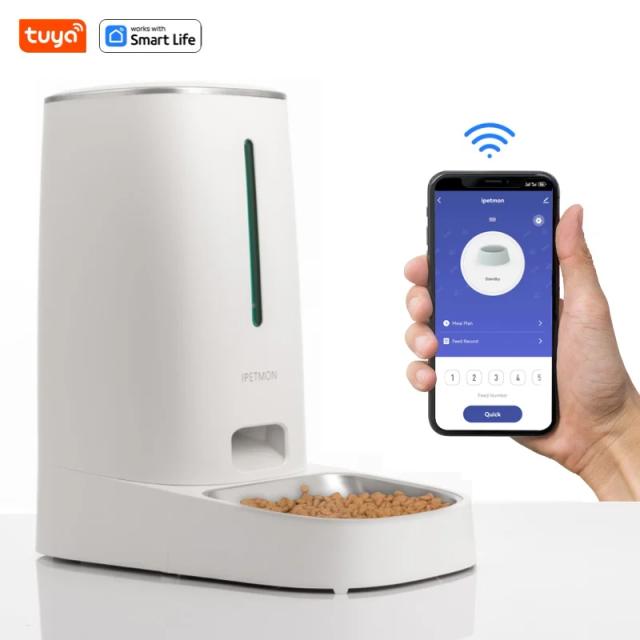 Alimentador Inteligente para Pets Wi-Fi Habilitado com Controle por App, Tigelas de Aço Inoxidável e Alarme de Baixo Nível de Ração - IPETMON, Tuya Smart Life, 4L