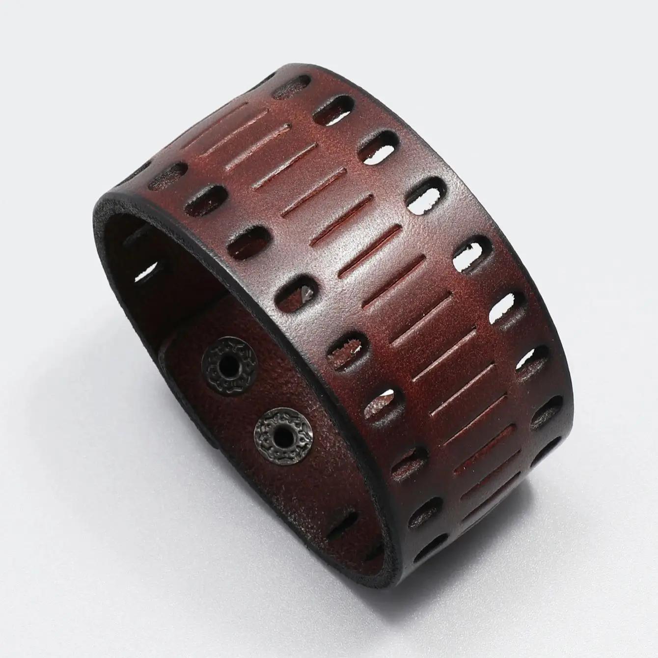 Bracelete retrô largo de couro genuíno masculino, estilo punk, simples vazado, com personalidade, bracelete masculino - Image 1