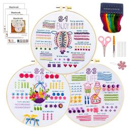 Kit de bordado inicial para adultos, aprenda pontos diferentes, kits DIY, inclui padrão de flores estampadas, ferramentas de roscas coloridas, 3 conjuntos - Image 3