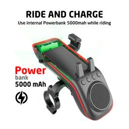 UPPEL-Lâmpada Frontal de Bicicleta Recarregável, Suporte do Telefone com Alto-falante Bluetooth, Acessórios de Ciclismo Bell, 5000mAh - Image 4