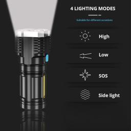 Lanternas LED de alta potência Tocha de acampamento 4 grânulos de lâmpada Luz lateral COB Lanterna de mão portátil recarregável 4 modo de iluminação - Image 5