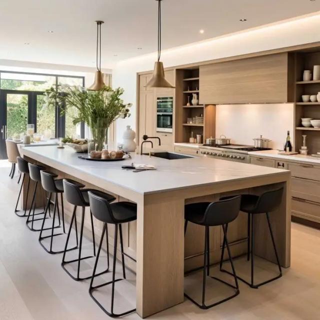 Armários de Cozinha Italianos de Madeira Maciça Personalizados com Ilha - Luxo Moderno