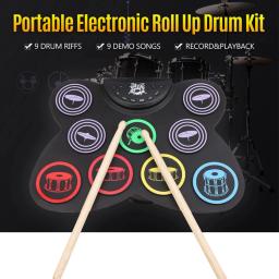 Kit de Bateria Eletrônica com Baquetas e Pedal Sustain, Rolo de Mão, Bateria de Música Dobrável, Prática Portátil, USB, Kit 7-Pad - Image 2