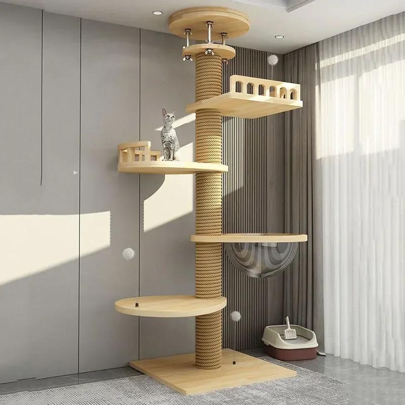 Armação de escalada de madeira para gatos Torre de árvore extra grande Arranhador Brinquedo de gatos Móveis de casa de ocultação Suprimentos de treinamento para gatos 260-270cm - Image 1