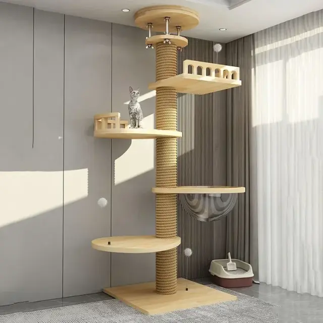 Torre de Escalada de Madeira para Gatos Extra Grande com Arranhador e Ocultação - Móveis de Treinamento para Gatos 260-270cm