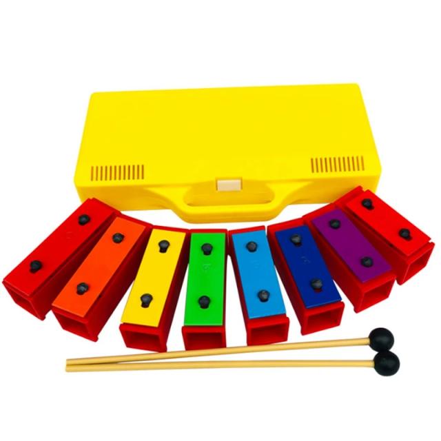 Xilofone Glockenspiel de 8 Notas Cromáticas com Ressonador e Sinos em Caixa Amarela