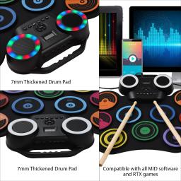Conjunto de Tambor Elétrico Portátil com Luzes Coloridas, Kit de Almofadas Embutidas, Tela de Exibição LED, 2 Bastão de Tambor e Pedal, 9 Almofadas - Image 4