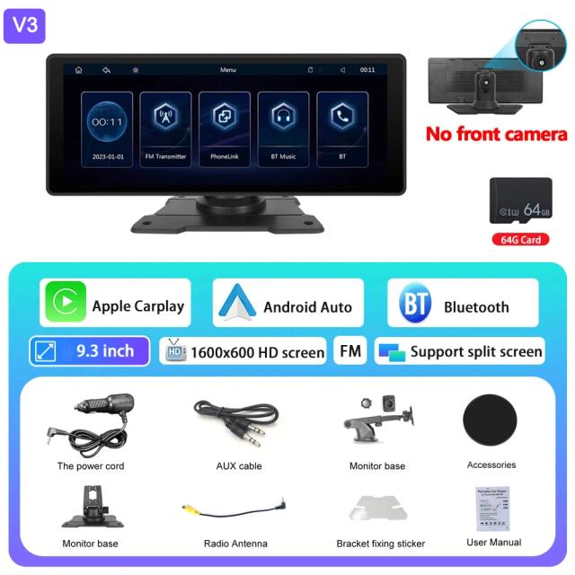 Podofo Espelho de Carro com Gravação de Vídeo Sem Fio, Painel Android, DVR, Navegação GPS, Tela Carplay 6.86" e 9.3"