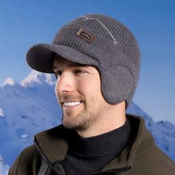 Gorros masculinos com viseira para o calor, protetores de orelha de malha de inverno, forrado de lã grossa, boné de beisebol de esqui, inverno, equitação ao ar livre - Image 1