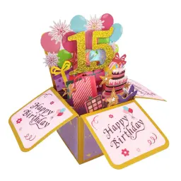 Cartão do feliz aniversário com Envelope 3D Gift Box, Desejos Mensagem, Presente do partido, 65, 55, 12, 15 anos velho - Image 1