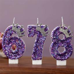 Velas de aniversário de coroa de glitter para crianças, decoração de bolo, vela roxa para festa de menino, número 0-9 - Image 1