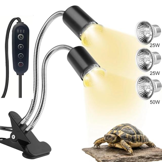 Lâmpada de Calor para Répteis com Temporizador: Cabeça Dupla UVA/UVB, Luz de Aquecimento e Basking, Plugue para EUA
