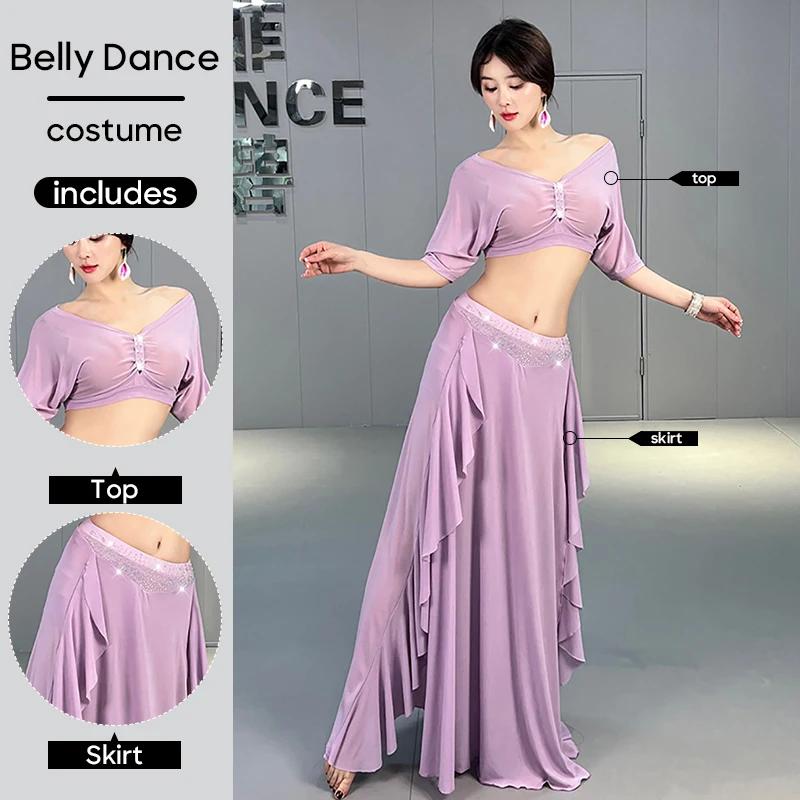 Traje de trabalho para dança do ventre, roupas de prática, top e saia, 2 peças, conjunto de terno de treinamento para mulheres adultas, performance de palco de dança - Image 1