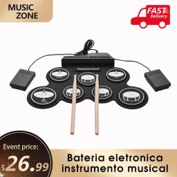 Bateria eletronica instrumento musical tambor eletrônico conjunto de tambor tamanho compacto usb dobrável almofada de cilindro de silicone eletrônico digital kit de tambor 7-pad com baquetas pedais de pé - Image 1